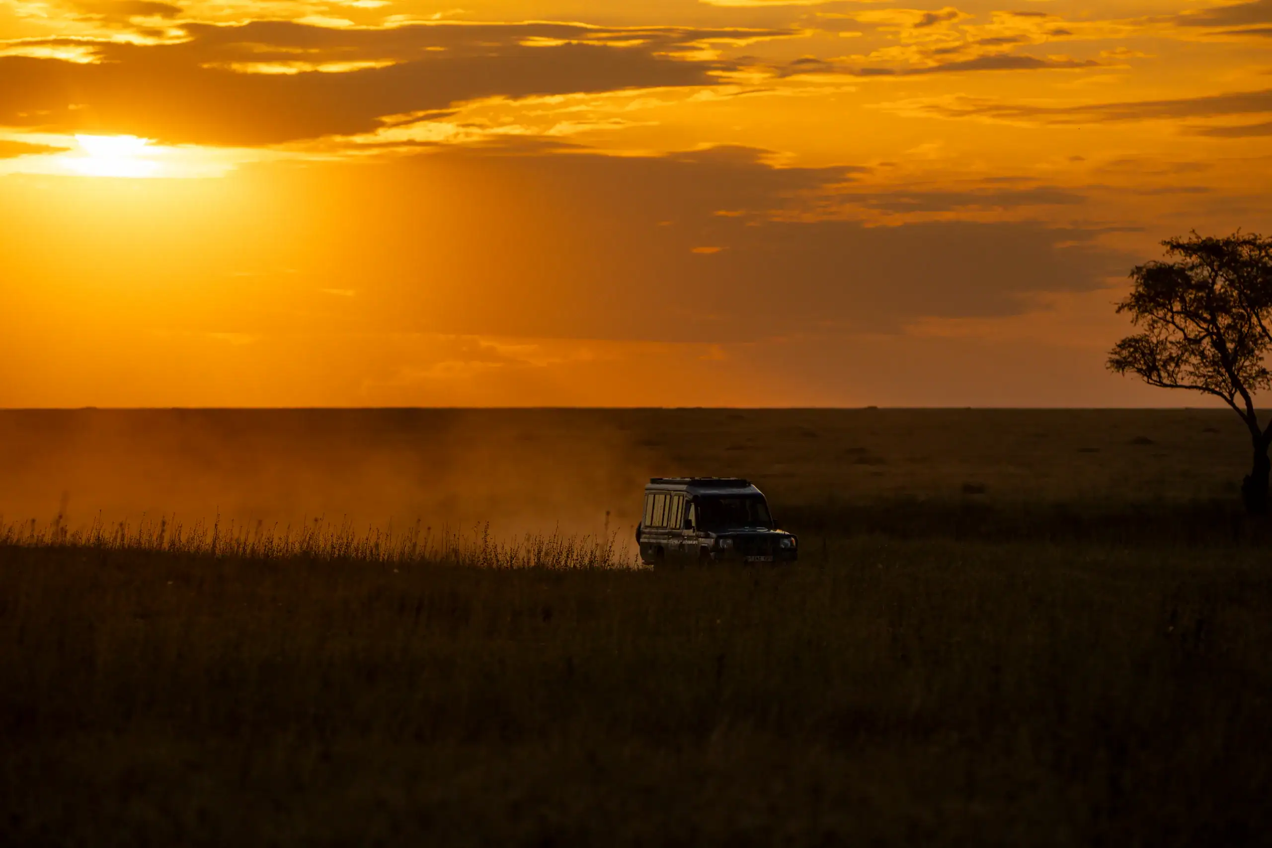 Safari vehicle silhouetted against an orange sunset on the plains